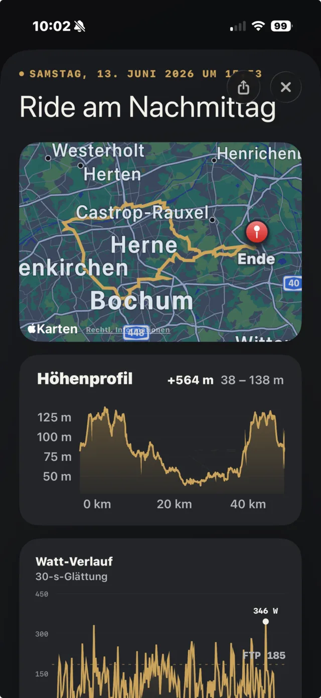 Fahrt-Detail mit Karte, Höhenprofil und Watt-Verlauf