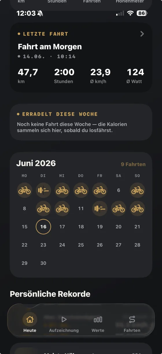 Heute-Überblick mit Monatskalender und Fahrt-Tagen